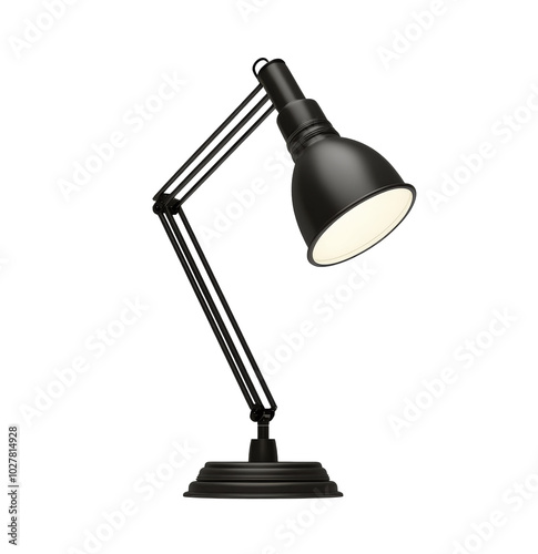 A black desk lamp with an adjustable arm placed on a plain white background s...
