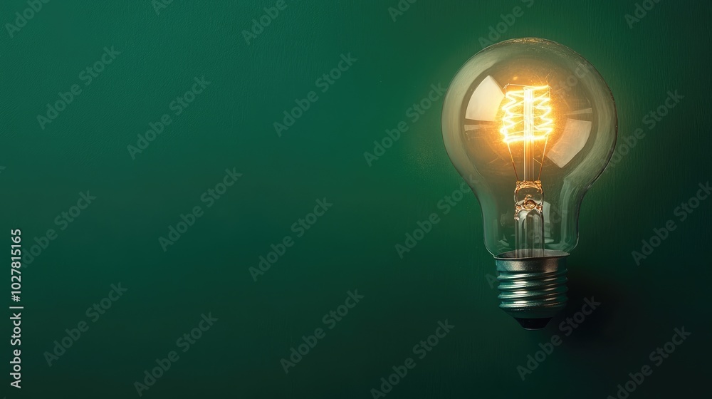 Lightbulb glowing softly on a deep green background, ample copy space for text Lightbulb glowing softly on a deep green background, ample copy space for text