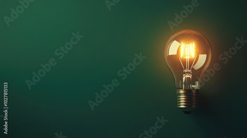Lightbulb glowing softly on a deep green background, ample copy space for text