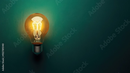 Lightbulb glowing softly on a deep green background, ample copy space for text