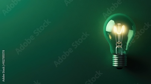 Lightbulb glowing softly on a deep green background, wide area for text placement