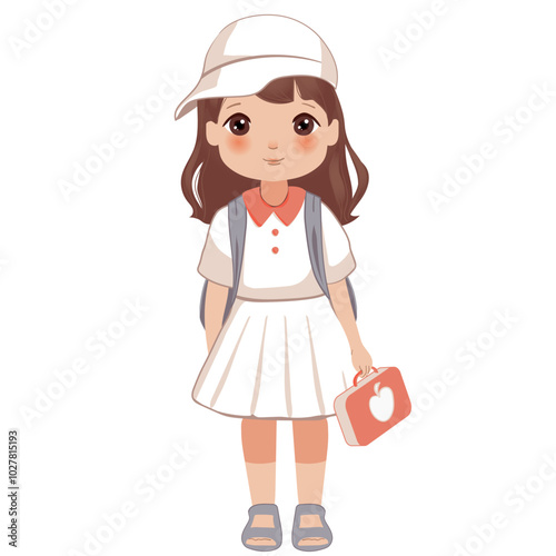 Cute school little cartoon girl with a school backpack vector illustration