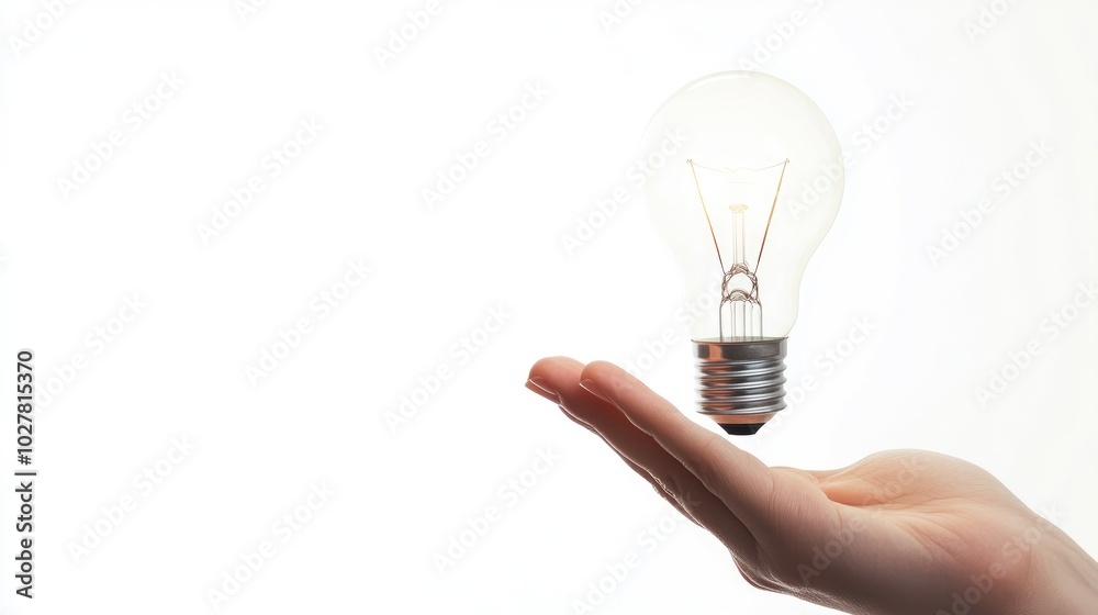 Lightbulb held in a hand, emitting a soft glow, against a pure white backdrop, clear space for adding your message Lightbulb held in a hand, emitting a soft glow, against a pure white backdrop, clear space for adding your message