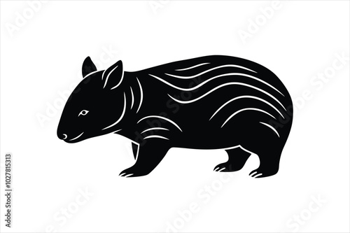 Wombat animal linocut silhouette black color vector art illustration.