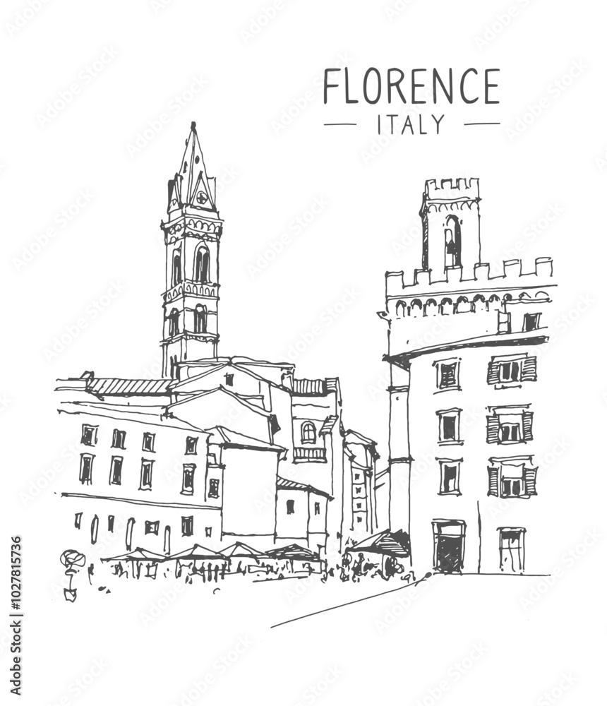 Vector sketch illustration of San Florence Square, Italy, Europe. Sketchy line art drawing with a pen on paper. Hand-drawn old town. Urban sketch in black color on white background. Freehand drawing. Vector sketch illustration of San Florence Square, Italy, Europe. Sketchy line art drawing with a pen on paper. Hand-drawn old town. Urban sketch in black color on white background. Freehand drawing.