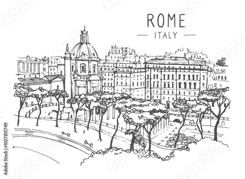 Liner sketches architecture of Italy Rome, hand drawing sketch, graphic illustration. Urban sketch in black color isolated on white background. Hand drawn travel postcard. Travel sketch. Vector.