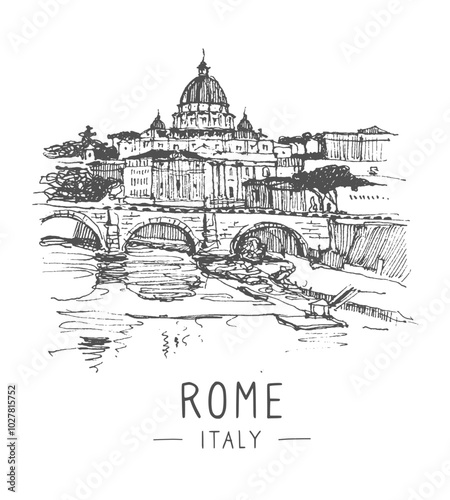 Vector sketch illustration of Metropolitan City of Rome, Italy. Sketchy line art drawing with a pen on paper. Urban sketch in black color on white background. Freehand drawing. Liner sketches of Rome.