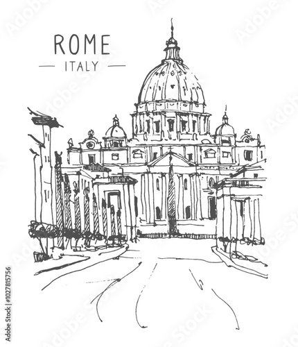 Vector sketch illustration of Metropolitan City of Rome, Italy. Sketchy line art drawing with a pen on paper. Urban sketch in black color on white background. Freehand drawing. Liner sketches of Rome.