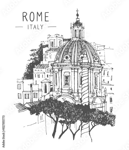 Travel sketch of Rome. Liner sketches architecture of Italy Rome. Graphic illustration. Sketch in black color isolated on white background. Hand drawn travel postcard. Freehand drawing. Vector.