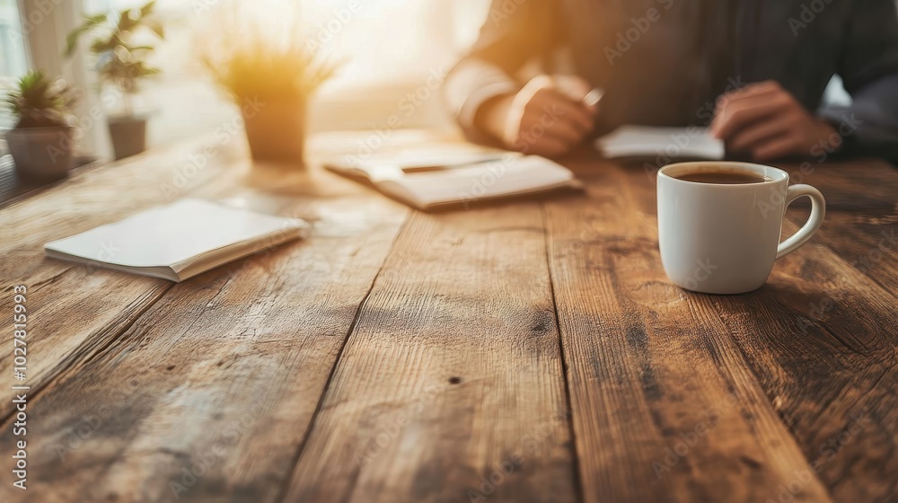 A serene workspace is depicted with a cup of coffee, scattered documents, and a pen on a wooden table, reflecting creativity, focus, and peaceful productivity.