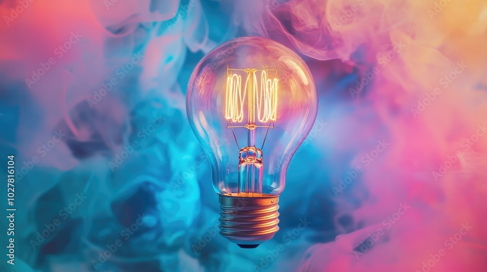 Lightbulb in a surreal, colorful setting with ample space for text overlay