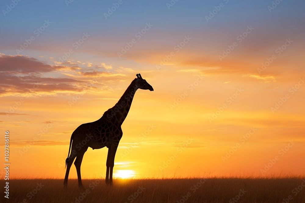 Silhouette of Giraffe on Savanna at Dramatic Sunset Silhouette of Giraffe on Savanna at Dramatic Sunset