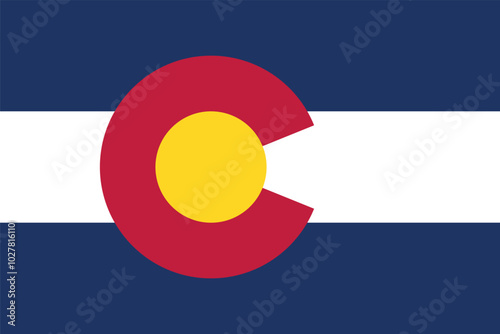 Flag of the State of Colorado. Blue and white flag with a red letter "C" and a gold disk. The national symbol of the American state of Colorado, USA.
