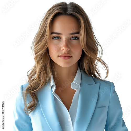 Confident woman in a white shirt poses with arms crossed against a plain whit...