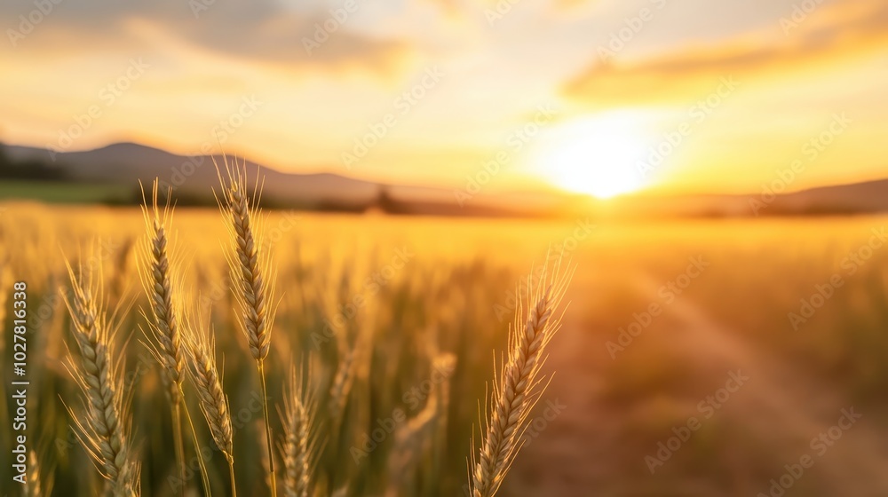 A serene wheat field glows under a golden sunset, capturing the essence of nature's beauty and tranquility, with rolling hills silhouetted in the distance. A serene wheat field glows under a golden sunset, capturing the essence of nature's beauty and tranquility, with rolling hills silhouetted in the distance.