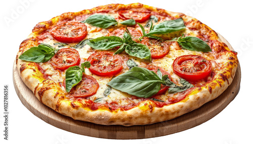 Freshly baked margherita pizza topped with basil and tomatoes on a wooden ser...