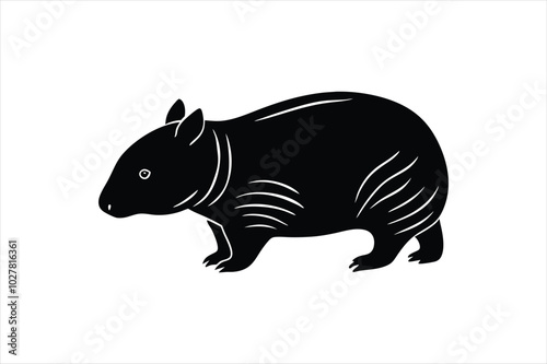 Wombat animal linocut silhouette black color vector art illustration.