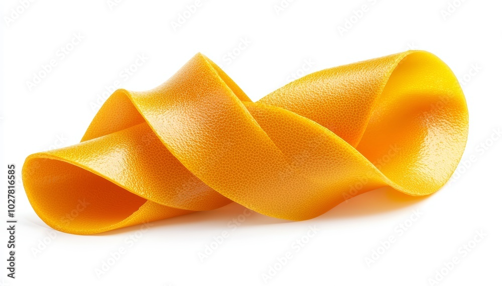 Twisted orange peel ribbon, vibrant against white, perfect for showcasing organic and fresh concepts in food or beverage branding Twisted orange peel ribbon, vibrant against white, perfect for showcasing organic and fresh concepts in food or beverage branding