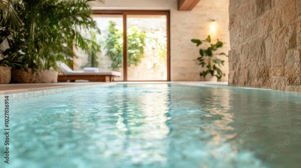 Fototapeta premium This luxurious indoor pool with a stone wall overlooks a lush garden, blending natural and chic elements, and features ambient lighting for a soothing experience.