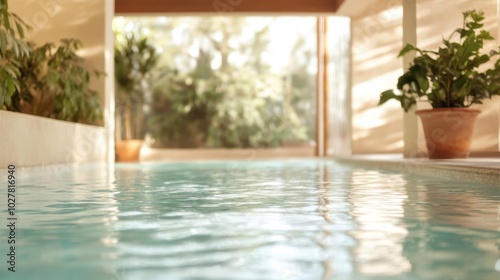 The indoor pool features serene turquoise water, surrounded by lush potted plants, basking in warm sunlight filtering through large windows, creating a tranquil atmosphere.