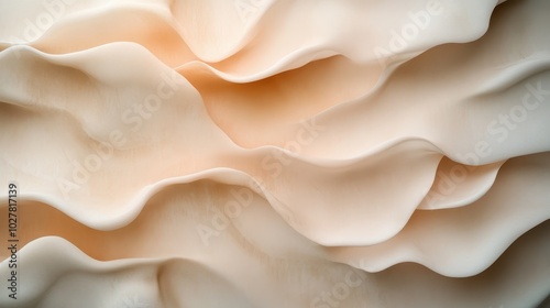 Flowing beige fabric waves mimic a peaceful, serene landscape. The soft undulations in warm lighting evoke a sense of tranquility and gentle movement.