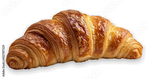 Freshly baked buttery croissant resting on a smooth surface in morning light