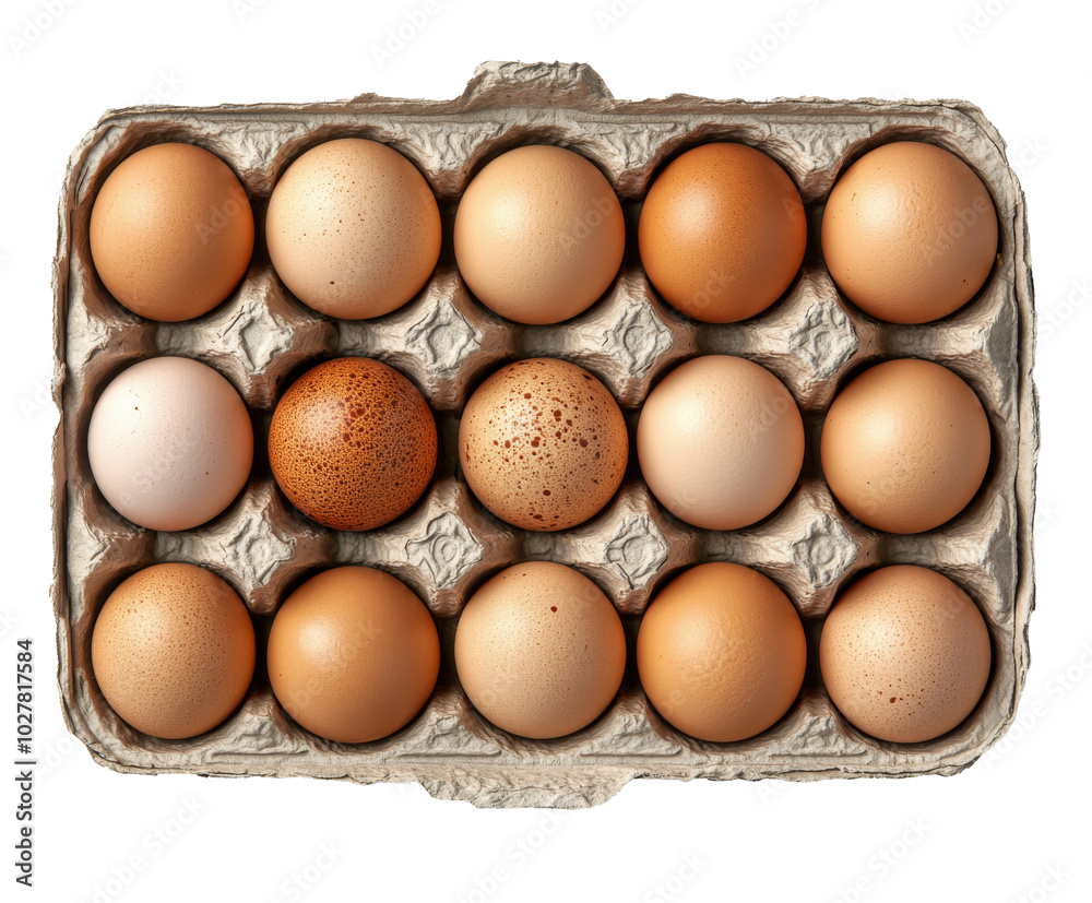 Fresh assorted eggs in a carton display on a white background showcasing various shades Fresh assorted eggs in a carton display on a white background showcasing various shades