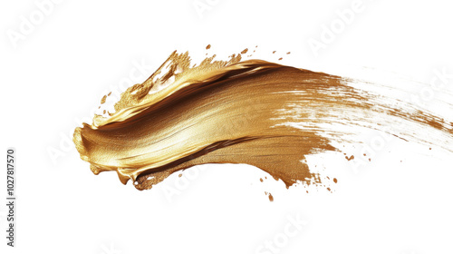 Golden paint stroke on white background, showcasing texture and shine in arti...
