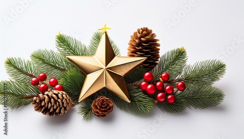 christmas design element on white background holly berry decoration cones and golden star isolated on a white background