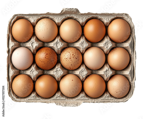 Fresh assorted eggs in a carton display on a white background showcasing various shades photo