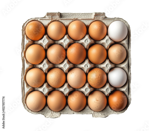 Fresh assorted eggs in a carton display on a white background showcasing vari...