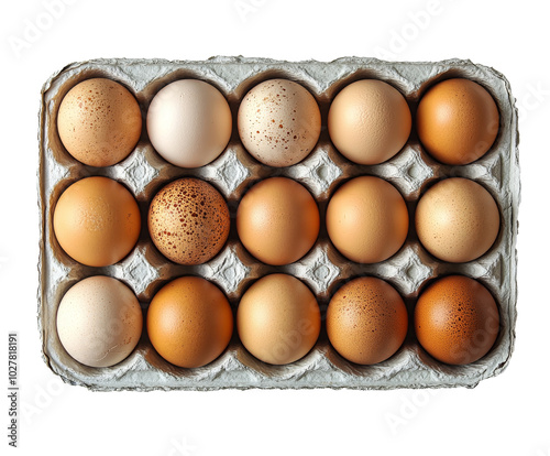 Various brown and speckled eggs arranged in a cardboard carton on a white bac...