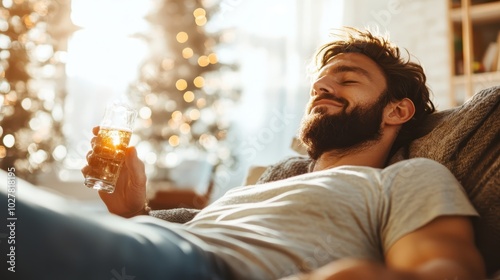 A serene man reclining with a drink in a festive living room, surrounded by warm lights and decorations, embodying relaxation, contentment, and holiday spirit.