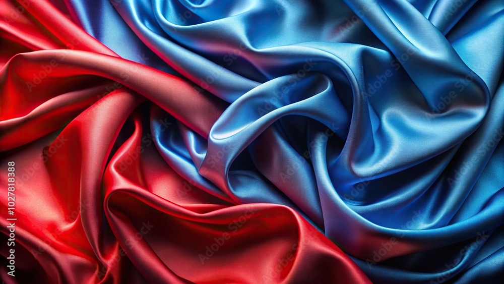 Obraz premium Silk fabric featuring an abstract wave texture in shades of blue and red creating a vibrant textile background, wave texture,silk fabric, blue, vibrant, panoramic, background, textile
