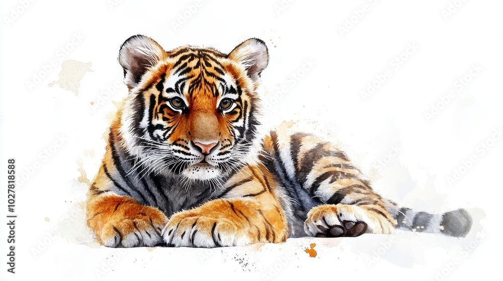 Fototapeta premium Tiger cub resting, serene expression, vibrant orange stripes, soft white background, lifelike illustration, peaceful gaze