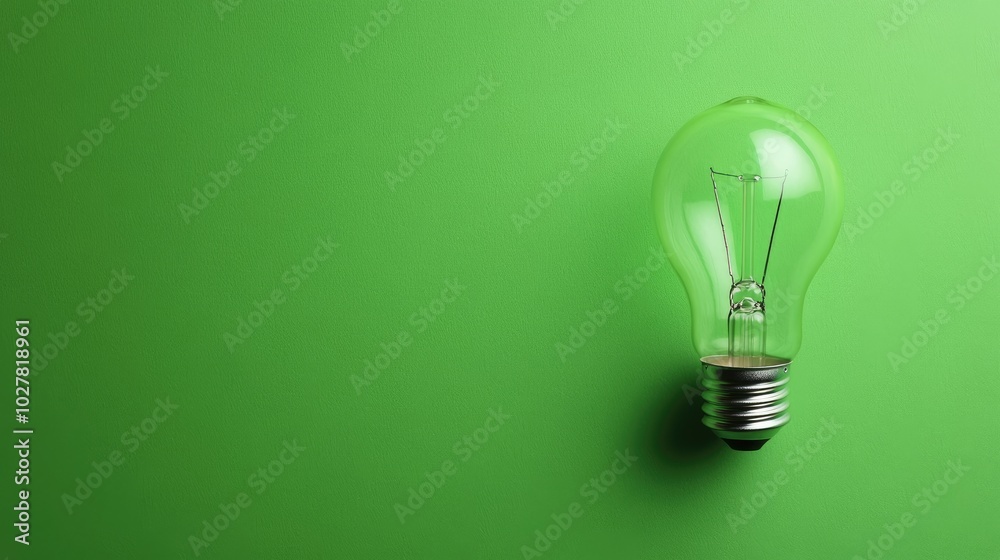 Lightbulb with a minimalist design against a fresh green background, large area for text