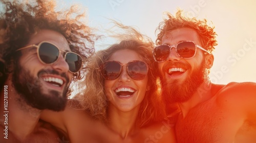 This image captures three friends wearing sunglasses, basking in sunlight, smiling joyfully on a beach, capturing the essence of friendship and summer fun. photo