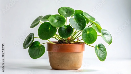 Extreme close-up of Pilea peperomioides plant in pot on white background photo