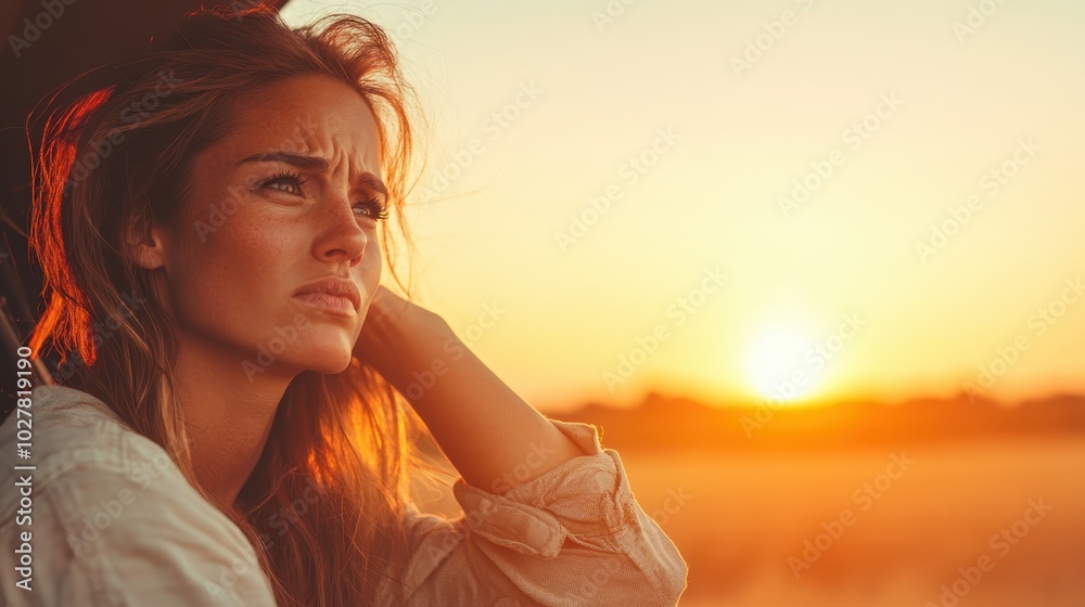 A woman with windswept hair gazes into the horizon as the setting sun casts a warm glow, capturing her feelings of contemplation and solace during twilight. A woman with windswept hair gazes into the horizon as the setting sun casts a warm glow, capturing her feelings of contemplation and solace during twilight.