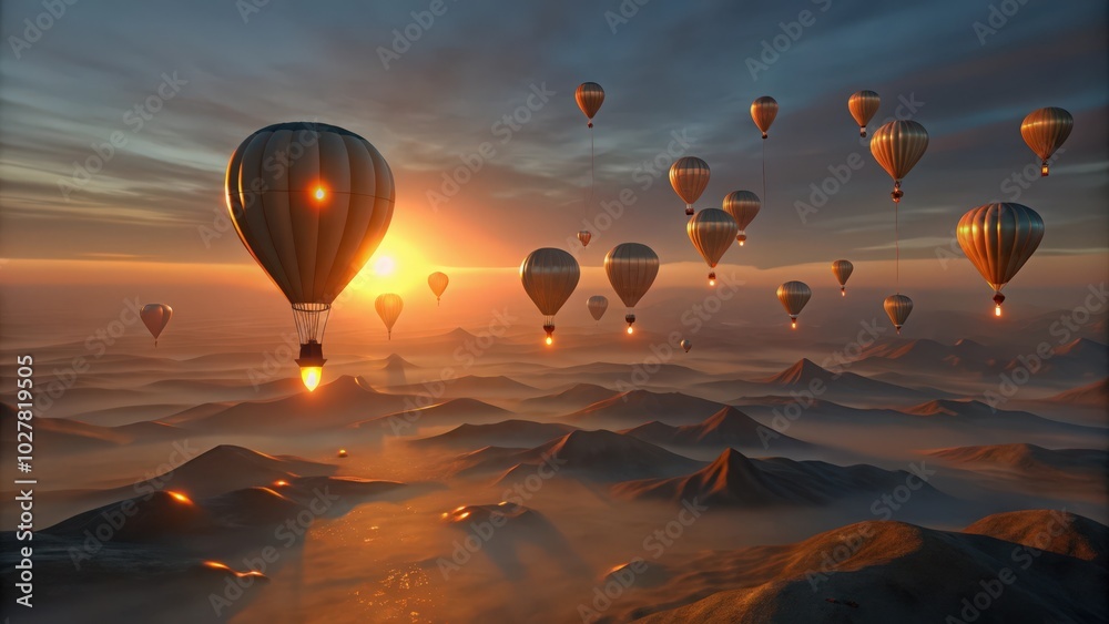 Naklejka premium Hot Air Balloons Soaring Over Foggy Mountain Ranges at Sunset