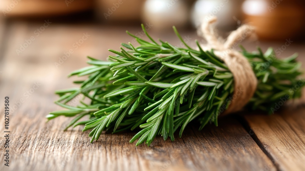 A neatly tied bundle of fresh rosemary lies on rustic wooden surface. The vibrant green leaves and textured wood create an appealing blend of simplicity and freshness. A neatly tied bundle of fresh rosemary lies on rustic wooden surface. The vibrant green leaves and textured wood create an appealing blend of simplicity and freshness.