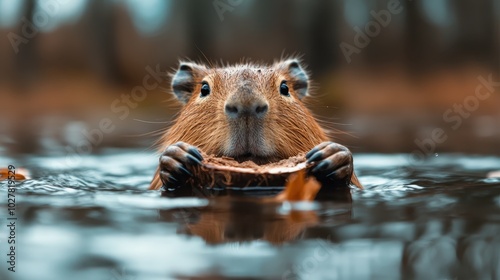 This charming image captures a capybara partially submerged in water, gripping a piece of coconut shell. The quiet setting exudes peace and simplicity in nature.