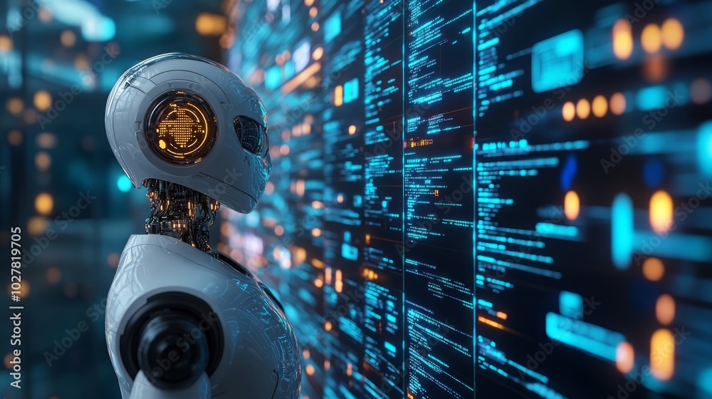 A humanoid robot observes data on a digital display, showcasing technology and innovation. A humanoid robot observes data on a digital display, showcasing technology and innovation.