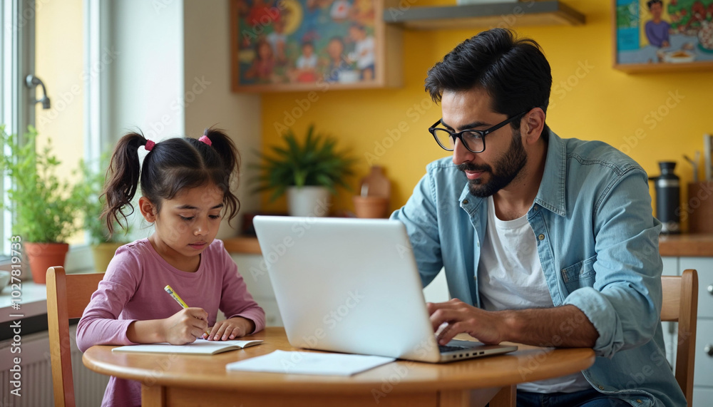 A Middle-Eastern male parent works diligently on a laptop at a small kitchen table, as a young Hispanic female child, with pigtails, completes her homework beside him, featuring bright kitchen colors A Middle-Eastern male parent works diligently on a laptop at a small kitchen table, as a young Hispanic female child, with pigtails, completes her homework beside him, featuring bright kitchen colors