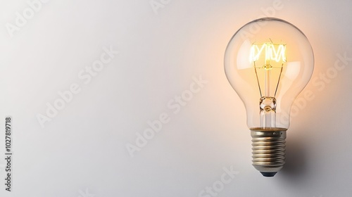 Lightbulb with a subtle glow in front of a white background, clear area for adding text