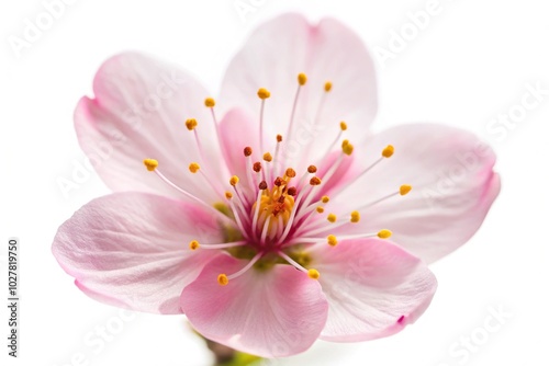 Extreme close-up of cherry blossom flower isolated on white background
