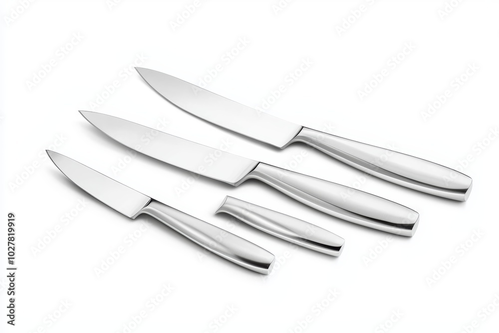 Elegant stainless steel knife set with sleek blades and ergonomic handles, isolated on a white background, modern kitchen essential Elegant stainless steel knife set with sleek blades and ergonomic handles, isolated on a white background, modern kitchen essential