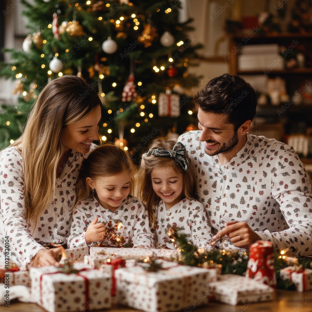 A family sits at a table with presents by a Christmas tree A family sits at a table with presents by a Christmas tree