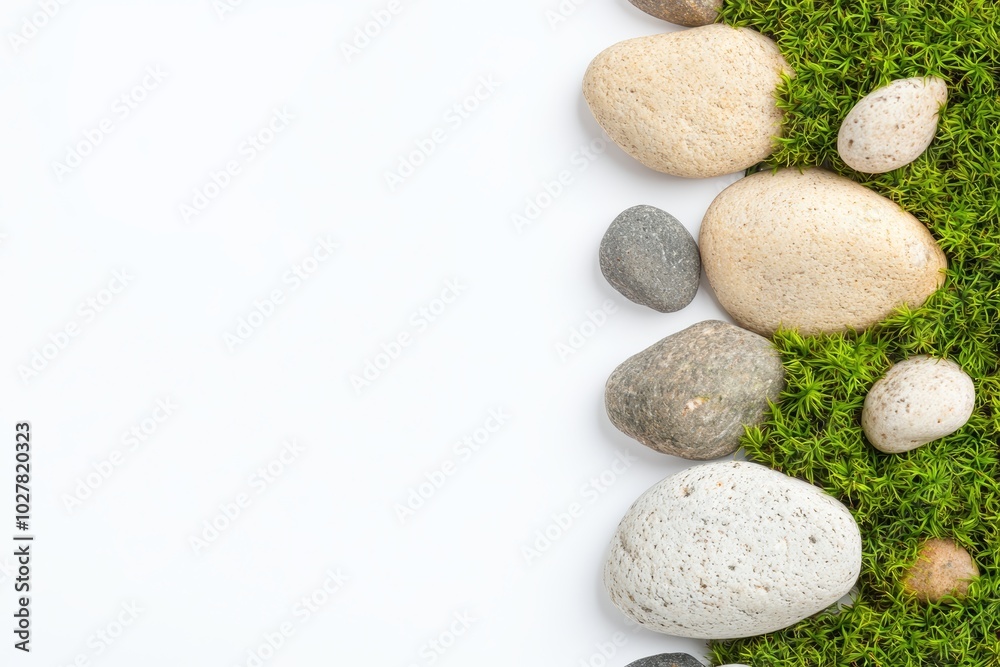 Green moss with scattered rocks on white, perfect for eco-friendly branding or nature-inspired product visuals Green moss with scattered rocks on white, perfect for eco-friendly branding or nature-inspired product visuals