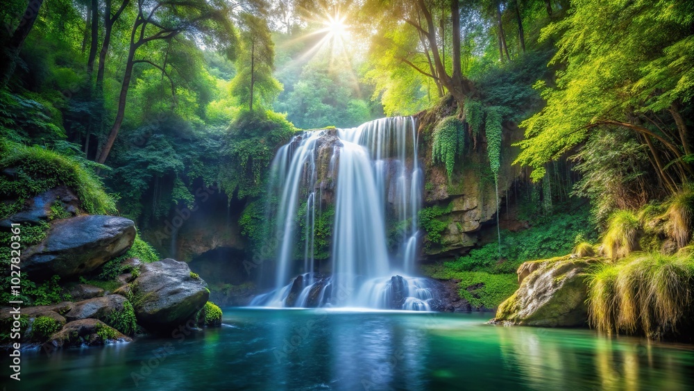 Enchanted forest waterfall with magical lights Enchanted forest waterfall with magical lights